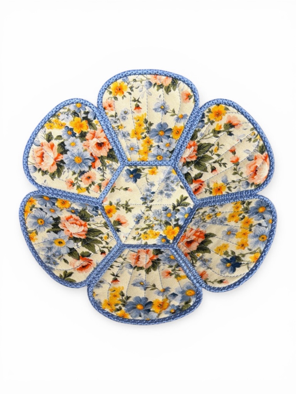 Hand Crafted Basket Center Piece Bowl Quilted 8” round x 3” tall Blue and yellow - Picture 3 of 5